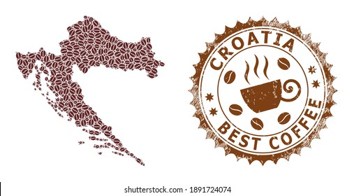 Coffee mosaic map of Croatia and corroded stamp seal. Vector map of Croatia collage is composed of coffee beans. Round rosette stamp in brown colors.