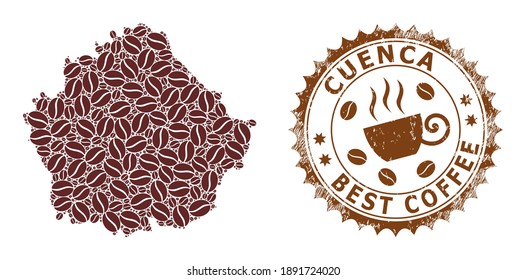 Coffee mosaic map of Cuenca Province and corroded stamp seal. Vector map of Cuenca Province collage is composed of chocolate grains. Round rosette stamp in brown colors.