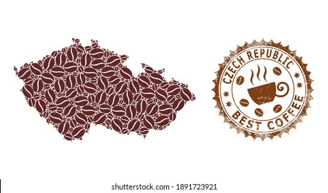 Mapa de mosaicos de café de la República Checa y sello de socorro. El mapa vectorial del collage de la República Checa está compuesto de café. Sello rosetón redondo de colores marrones.