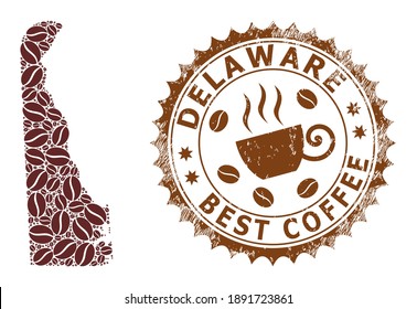 Coffee mosaic map of Delaware State and corroded mark. Vector map of Delaware State collage is composed of coffee. Round rosette stamp in brown colors.