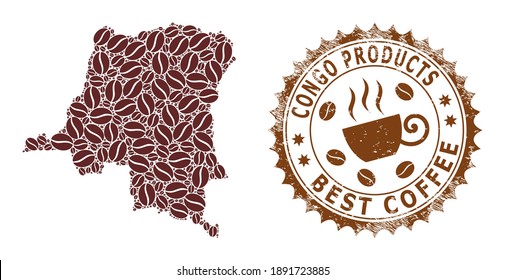 Coffee mosaic map of Democratic Republic of the Congo and distress mark. Vector map of Democratic Republic of the Congo collage is designed of coffee grains. Round rosette stamp in brown colors.