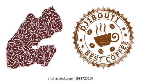 Coffee mosaic map of Djibouti and scratched stamp. Vector map of Djibouti collage is composed of coffee beans. Round rosette stamp in brown colors. Flat composition for best coffee shops marks.