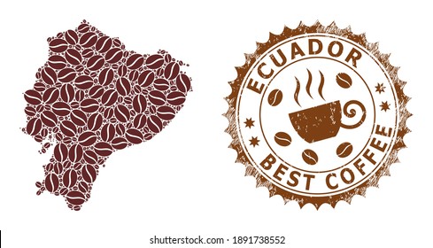 Kaffee-Mosaik Karte von Ecuador und Not-Abzeichen. Die Vektorkarte von Ecuador ist mit Kakaobohnen entworfen. Rundstempel in braunen Farben. Vektorkomposition für beste Coffeeshops-Anzeigen.