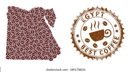 Coffee mosaic map of Egypt and corroded badge. Vector map of Egypt collage is formed with coffee beans. Round rosette stamp in brown colors. Abstract composition for best coffee shops applications.