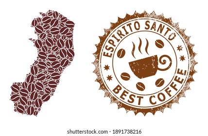 Coffee mosaic map of Espirito Santo State and rubber stamp seal. Vector map of Espirito Santo State collage is composed with coffee seeds. Round rosette stamp in brown colors.
