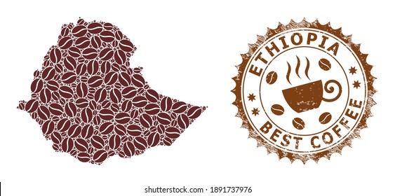 Kaffeemaschine Karte von Äthiopien und Gummisiegel. Aus Kaffeesamen entsteht eine Vektorkarte von Äthiopien. Rundstempel in braunen Farben.