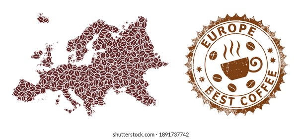 Coffee mosaic map of Europe and scratched mark. Vector map of Europe collage is designed with coffee beans. Round rosette stamp in brown colors. Vector composition for best restaurant advertisement.