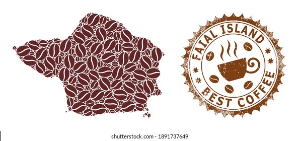 Coffee mosaic map of Faial Island and unclean stamp seal. Vector map of Faial Island collage is formed from cocoa. Round rosette stamp in brown colors. Flat composition for best coffee shops badges.
