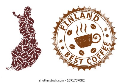 Coffee mosaic map of Finland and corroded badge. Vector map of Finland collage is composed with coffee grains. Round rosette stamp in brown colors.