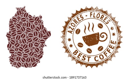 Coffee mosaic map of Flores Island of Azores and distress stamp seal. Vector map of Flores Island of Azores collage is created of coffee grains. Round rosette stamp in brown colors.