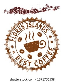 Coffee mosaic map of Flores Islands of Indonesia and rubber stamp. Vector map of Flores Islands of Indonesia collage is designed from coffee beans. Round rosette stamp in brown colors.