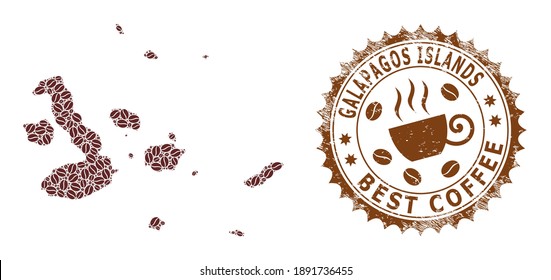 Mapa de mosaicos de café de las Islas Galápagos y sello de goma. Mapa vectorial del collage de las Islas Galápagos está compuesto de semillas de café. Sello rosetón redondo de colores marrones.