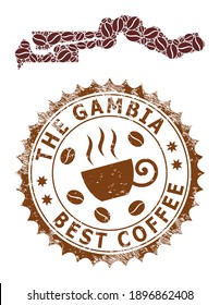 Coffee mosaic map of the Gambia and rubber stamp seal. Vector map of the Gambia collage is formed of cocoa grains. Round rosette stamp in brown colors.