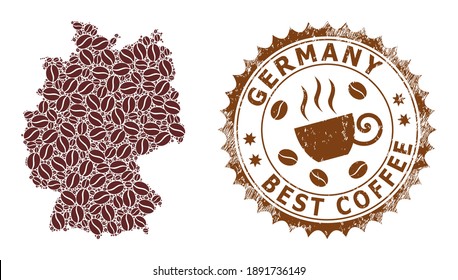 Coffee mosaic map of Germany and corroded stamp seal. Vector map of Germany collage is formed from cocoa seeds. Round rosette stamp in brown colors. Flat composition for best coffee delivery marks.