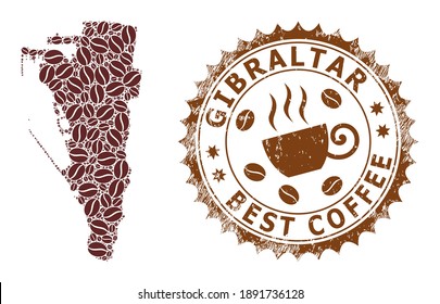 Coffee mosaic map of Gibraltar and corroded stamp seal. Vector map of Gibraltar collage is created of coffee seeds. Round rosette stamp in brown colors.