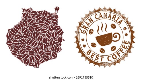Coffee mosaic map of Gran Canaria and grunge stamp. Vector map of Gran Canaria collage is created from coffee grains. Round rosette stamp in brown colors.