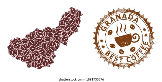 Coffee mosaic map of Granada Province and corroded stamp. Vector map of Granada Province collage is designed from coffee beans. Round rosette stamp in brown colors.