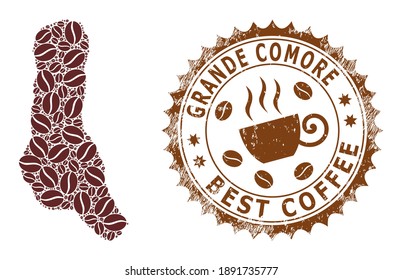 Coffee mosaic map of Grande Comore Island and grunge stamp. Vector map of Grande Comore Island collage is designed with cocoa seeds. Round rosette stamp in brown colors.
