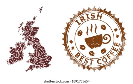 Coffee mosaic map of Great Britain and Ireland and rubber stamp seal. Vector map of Great Britain and Ireland collage is designed of coffee. Round rosette stamp in brown colors.