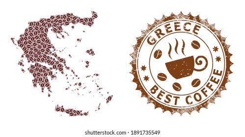 Mapa del mosaico del café de Grecia y sello impuro. Mapa vectorial del collage griego creado de chocolate. Sello rosetón redondo de colores marrones. Composición plana para los mejores anuncios de entrega de café.