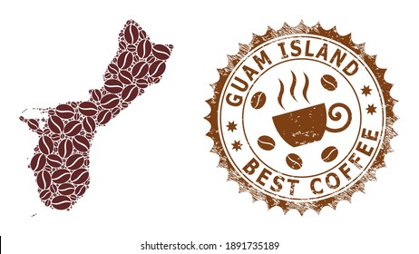 Coffee mosaic map of Guam Island and corroded stamp. Vector map of Guam Island collage is formed with coffee grains. Round rosette stamp in brown colors.