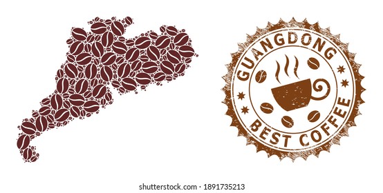 Coffee mosaic map of Guangdong Province and corroded stamp. Vector map of Guangdong Province collage is composed of coffee seeds. Round rosette stamp in brown colors.