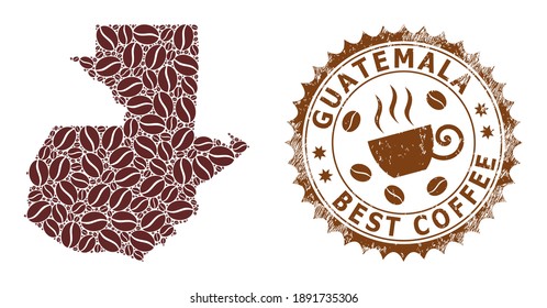 Coffee mosaic map of Guatemala and rubber stamp seal. Vector map of Guatemala collage is formed of coffee. Round rosette stamp in brown colors. Abstract composition for best coffee delivery projects.