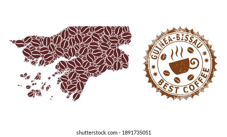 Coffee mosaic map of Guinea-Bissau and rubber mark. Vector map of Guinea-Bissau collage is formed from coffee seeds. Round rosette stamp in brown colors.