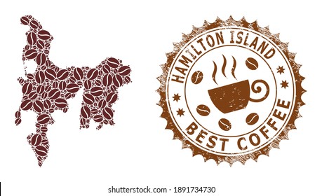 Coffee mosaic map of Hamilton Island and scratched stamp. Vector map of Hamilton Island collage is designed of coffee beans. Round rosette stamp in brown colors.