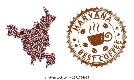 Coffee mosaic map of Haryana State and scratched stamp seal. Vector map of Haryana State collage is created with chocolate beans. Round rosette stamp in brown colors.