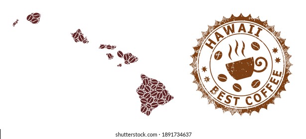 Coffee mosaic map of Hawaii State and rubber stamp. Vector map of Hawaii State collage is created of coffee. Round rosette stamp in brown colors. Flat composition for best coffee shops ads.