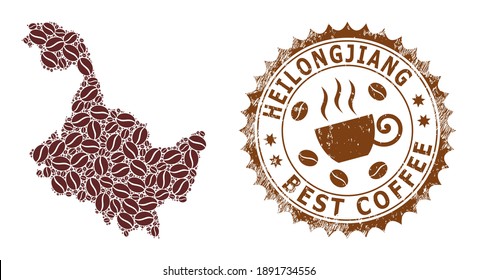 Coffee mosaic map of Heilongjiang Province and grunge stamp seal. Vector map of Heilongjiang Province collage is formed with coffee grains. Round rosette stamp in brown colors.