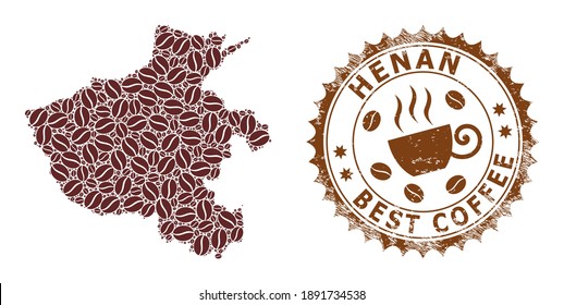 Coffee mosaic map of Henan Province and rubber badge. Vector map of Henan Province collage is composed with coffee grains. Round rosette stamp in brown colors.