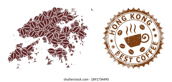 Coffee mosaic map of Hong Kong and unclean seal. Vector map of Hong Kong collage is created from coffee seeds. Round rosette stamp in brown colors.