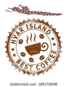 Coffee mosaic map of Hvar Island and scratched stamp seal. Vector map of Hvar Island collage is composed from coffee grains. Round rosette stamp in brown colors.