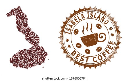 Coffee mosaic map of Isabela Island of Galapagos and scratched stamp. Vector map of Isabela Island of Galapagos collage is designed from coffee seeds. Round rosette stamp in brown colors.