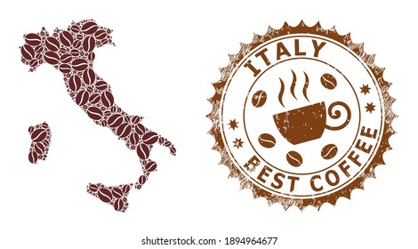 Coffee mosaic map of Italy and rubber stamp. Vector map of Italy collage is created of coffee beans. Round rosette stamp in brown colors. Abstract composition for best coffee shops advertisement.