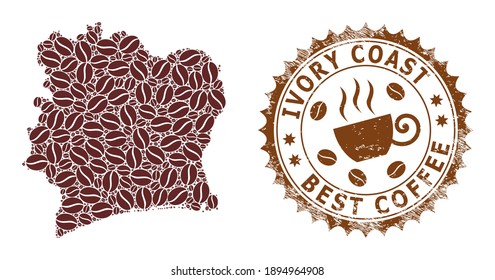 Coffee Mosaic Map Of Ivory Coast And Corroded Stamp Seal. Vector Map Of Ivory Coast Collage Is Formed With Chocolate Beans. Round Rosette Stamp In Brown Colors.