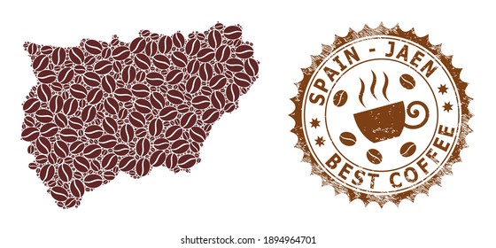Coffee mosaic map of Jaen Spanish Province and corroded stamp. Vector map of Jaen Spanish Province collage is designed of cocoa beans. Round rosette stamp in brown colors.