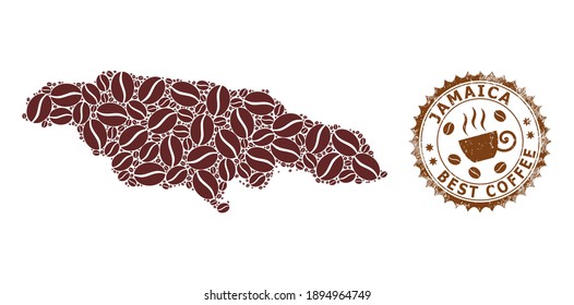 Coffee mosaic map of Jamaica and grunge badge. Vector map of Jamaica collage is designed with coffee grains. Round rosette stamp in brown colors. Vector composition for best coffee delivery badges.