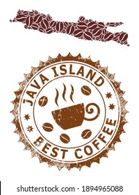 Coffee mosaic map of Java Island and rubber stamp seal. Vector map of Java Island collage is created with coffee. Round rosette stamp in brown colors. Vector composition for best cafeteria marks.