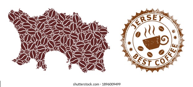 Mapa de mosaicos de café de la isla de Jersey y sello de angustia. El mapa vectorial del collage de la isla de Jersey se compone de granos de café. Sello rosetón redondo de colores marrones.