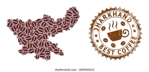 Mapa de mosaico de café del estado de Jharkhand y sello de goma. Mapa vectorial del collage del estado de Jharkhand está formado por semillas de café. Sello rosetón redondo de colores marrones.