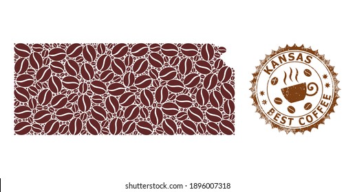 Coffee mosaic map of Kansas State and scratched stamp. Vector map of Kansas State collage is formed with coffee. Round rosette stamp in brown colors. Abstract composition for best coffee shops maps.