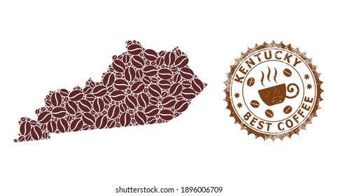 Mapa de mosaicos de café del estado de Kentucky y marca arañada. Mapa vectorial del collage del estado de Kentucky está compuesto de granos de café. Sello rosetón redondo de colores marrones. Composición de vectores para los mejores afiches de cafés.