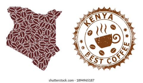 Coffee mosaic map of Kenya and grunge mark. Vector map of Kenya collage is designed from coffee. Round rosette stamp in brown colors. Vector composition for best coffee delivery advertisement.