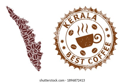 Coffee mosaic map of Kerala State and distress stamp. Vector map of Kerala State collage is composed with coffee seeds. Round rosette stamp in brown colors.