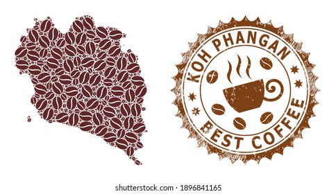 Coffee mosaic map of Koh Phangan and scratched stamp. Vector map of Koh Phangan collage is composed of cocoa. Round rosette stamp in brown colors. Abstraction composition for best coffee shops ads.