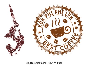 Coffee mosaic map of Koh Phi Leh and unclean mark. Vector map of Koh Phi Leh collage is formed from coffee grains. Round rosette stamp in brown colors.