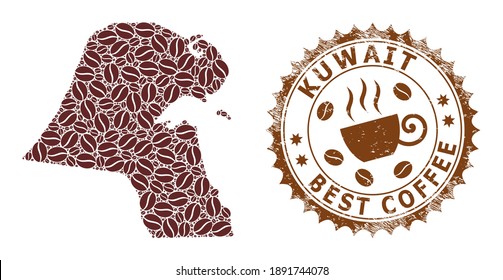 Coffee mosaic map of Kuwait and rubber seal. Vector map of Kuwait collage is composed from coffee beans. Round rosette stamp in brown colors. Vector composition for best coffee delivery awards.